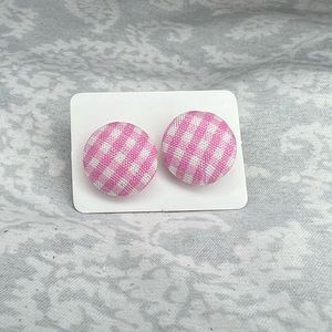 Metal-free Pink Plaid Button Earrings, Plastic Post Allergy Free Hypoallergenic